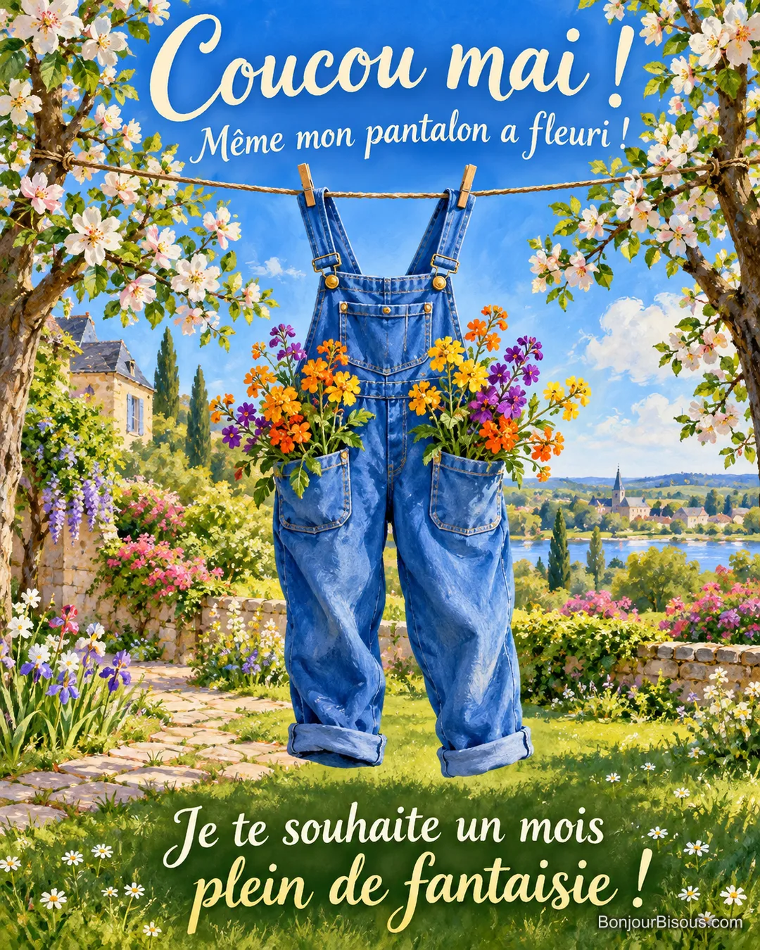 Une salopette bleue sèche entre deux pommiers tandis que des giroflées colorées fleurissent dans ses poches, avec le message « Coucou mai ! Même mon pantalon a fleuri ! Je te souhaite un mois plein de fantaisie ! ». Une salopette bleue sèche entre deux pommiers tandis que des giroflées colorées fleurissent dans ses poches, avec le message « Coucou mai ! Même mon pantalon a fleuri ! Je te souhaite un mois plein de fantaisie ! ».