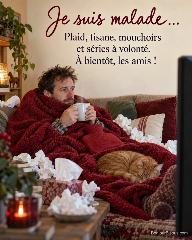 Photo d’un homme enrhumé enveloppé dans une couverture rouge avec une tasse fumante et une bouillotte, entouré de mouchoirs, un chat roux endormi sur lui, avec le texte « Je suis malade… Plaid, tisane, mouchoirs et séries à volonté. À bientôt, les amis ! »