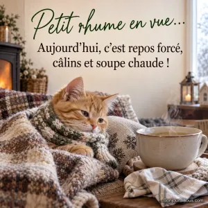 Photo d’un chaton roux avec une écharpe en laine sous un plaid, l’air un peu malade, à côté d’un bol de soupe fumant, avec le texte « Petit rhume en vue… Aujourd’hui, c’est repos forcé, câlins et soupe chaude ! »