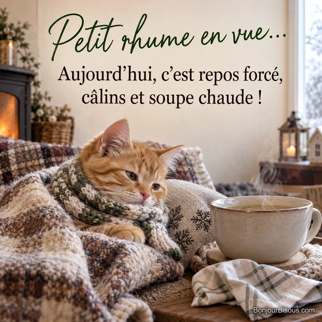 Photo d’un chaton roux avec une écharpe en laine sous un plaid, l’air un peu malade, à côté d’un bol de soupe fumant, avec le texte « Petit rhume en vue… Aujourd’hui, c’est repos forcé, câlins et soupe chaude ! » Photo d’un chaton roux avec une écharpe en laine sous un plaid, l’air un peu malade, à côté d’un bol de soupe fumant, avec le texte « Petit rhume en vue… Aujourd’hui, c’est repos forcé, câlins et soupe chaude ! »