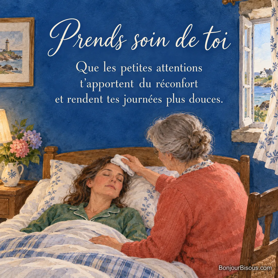 Une proche pose doucement une compresse fraîche sur le front d’une femme au repos, avec le texte « Prends soin de toi Que les petites attentions t’apportent du réconfort et rendent tes journées plus douces. ». Une proche pose doucement une compresse fraîche sur le front d’une femme au repos, avec le texte « Prends soin de toi Que les petites attentions t’apportent du réconfort et rendent tes journées plus douces. ».