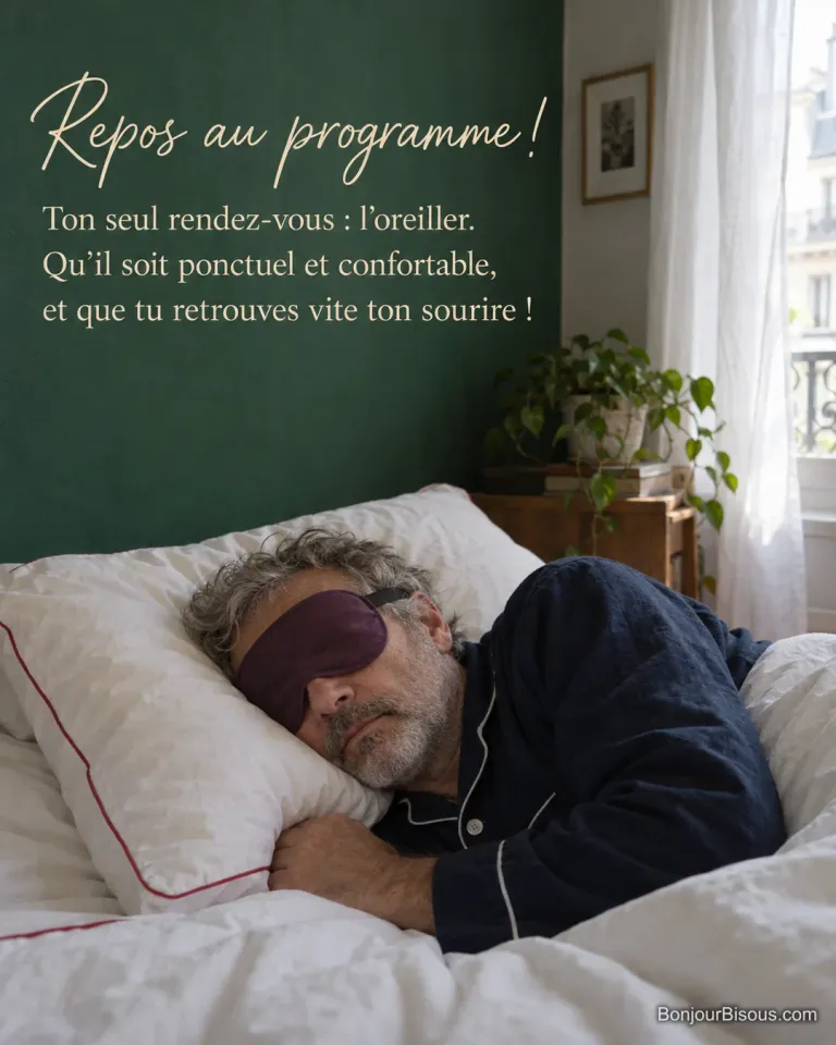 Un homme en pyjama bleu marine se repose avec un masque de sommeil prune sur les yeux, avec le texte « Repos au programme ! Ton seul rendez-vous : l’oreiller. Qu’il soit ponctuel et confortable, et que tu retrouves vite ton sourire ! ».