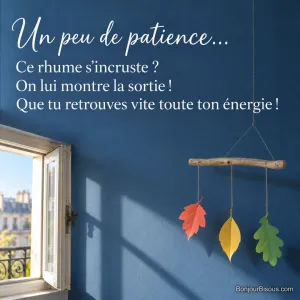 Un mobile de trois feuilles de papier coloré bouge près d’une fenêtre entrouverte, avec le texte « Un peu de patience… Ce rhume s’incruste ? On lui montre la sortie ! Que tu retrouves vite toute ton énergie ! ».