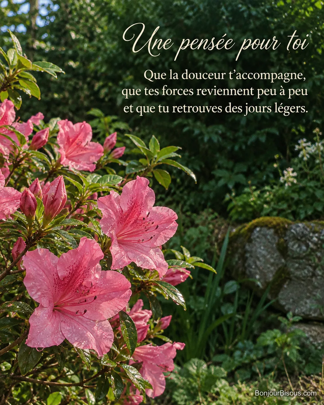 Une azalée rose vif porte des gouttes de rosée dans un jardin breton, avec le texte « Une pensée pour toi Que la douceur t’accompagne, que tes forces reviennent peu à peu et que tu retrouves des jours légers. ». Une azalée rose vif porte des gouttes de rosée dans un jardin breton, avec le texte « Une pensée pour toi Que la douceur t’accompagne, que tes forces reviennent peu à peu et que tu retrouves des jours légers. ».