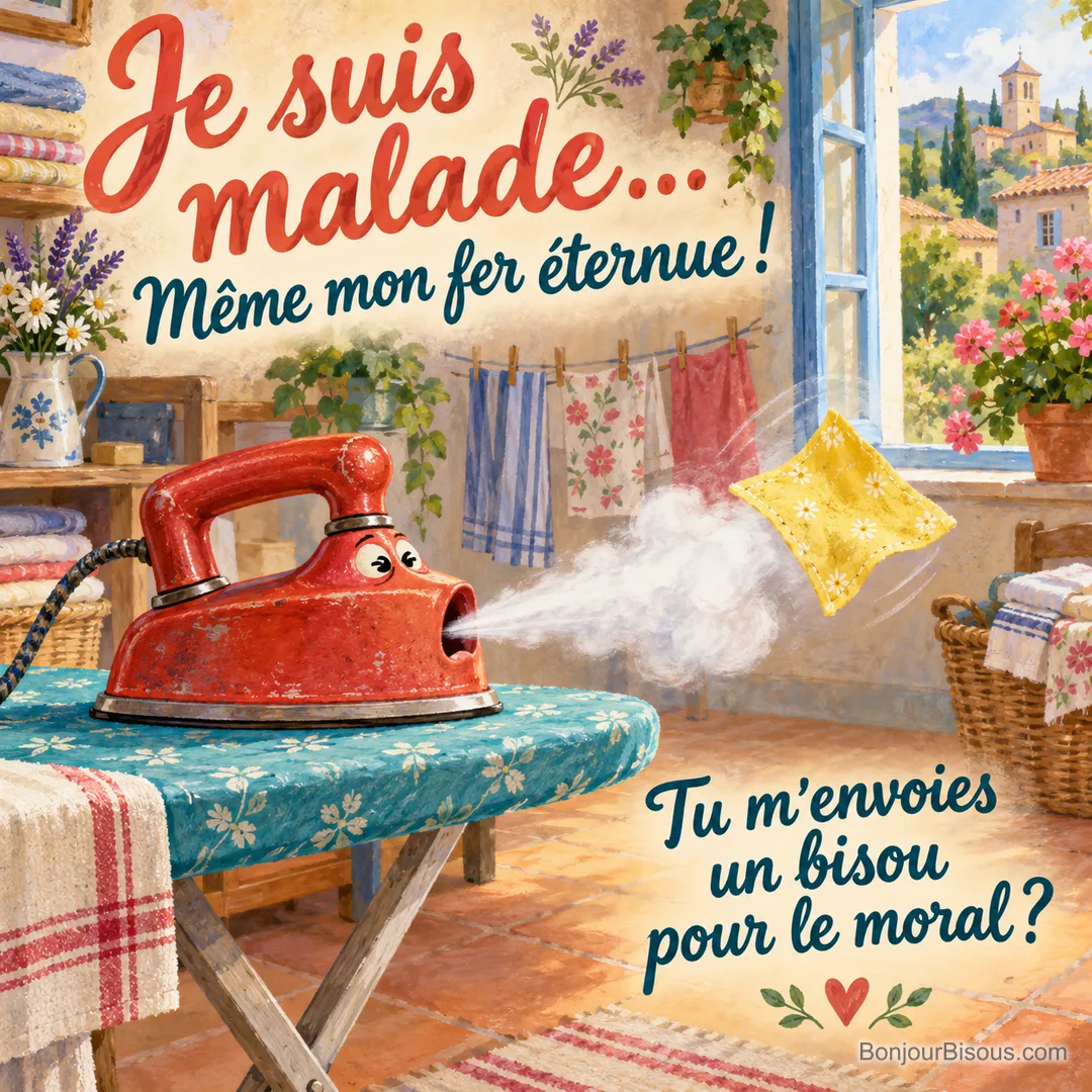 Un fer à repasser rouge éternue un gros nuage de vapeur qui soulève un petit carré de tissu jaune. Le message est : « Je suis malade… Même mon fer éternue ! Tu m’envoies un bisou pour le moral ? ».