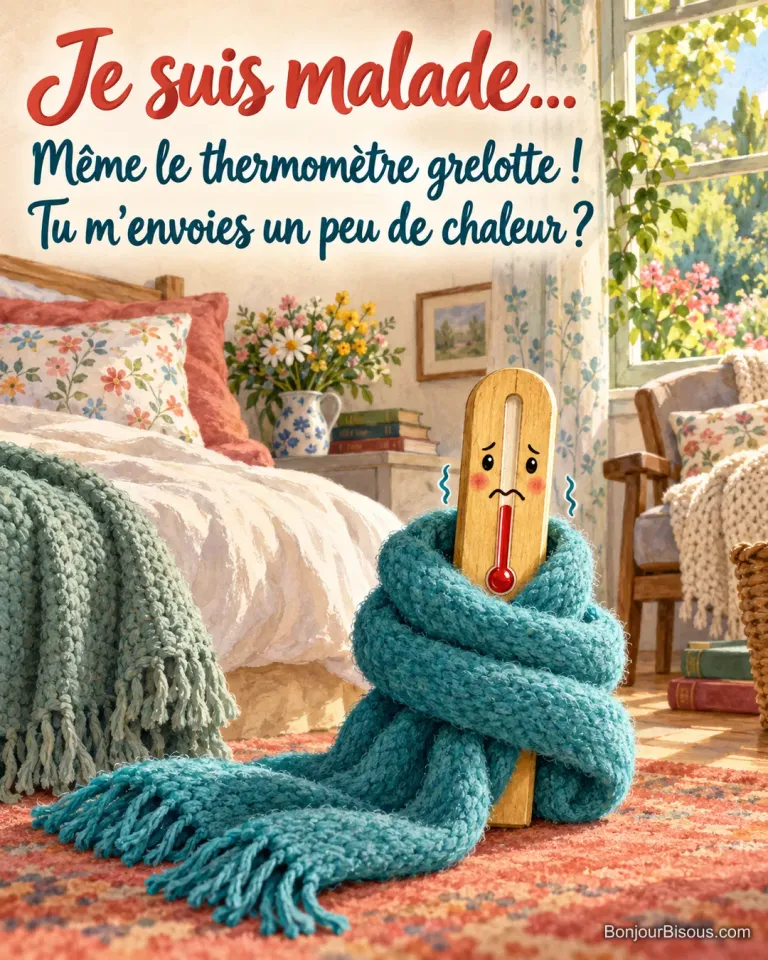 Un petit thermomètre de chambre grelotte au milieu d’une écharpe turquoise beaucoup trop grande pour lui. Le message est : « Je suis malade… Même le thermomètre grelotte ! Tu m’envoies un peu de chaleur ? ».