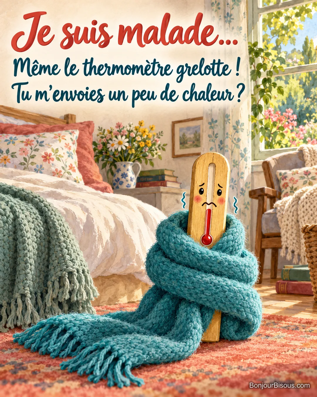 Un petit thermomètre de chambre grelotte au milieu d’une écharpe turquoise beaucoup trop grande pour lui. Le message est : « Je suis malade… Même le thermomètre grelotte ! Tu m’envoies un peu de chaleur ? ».
