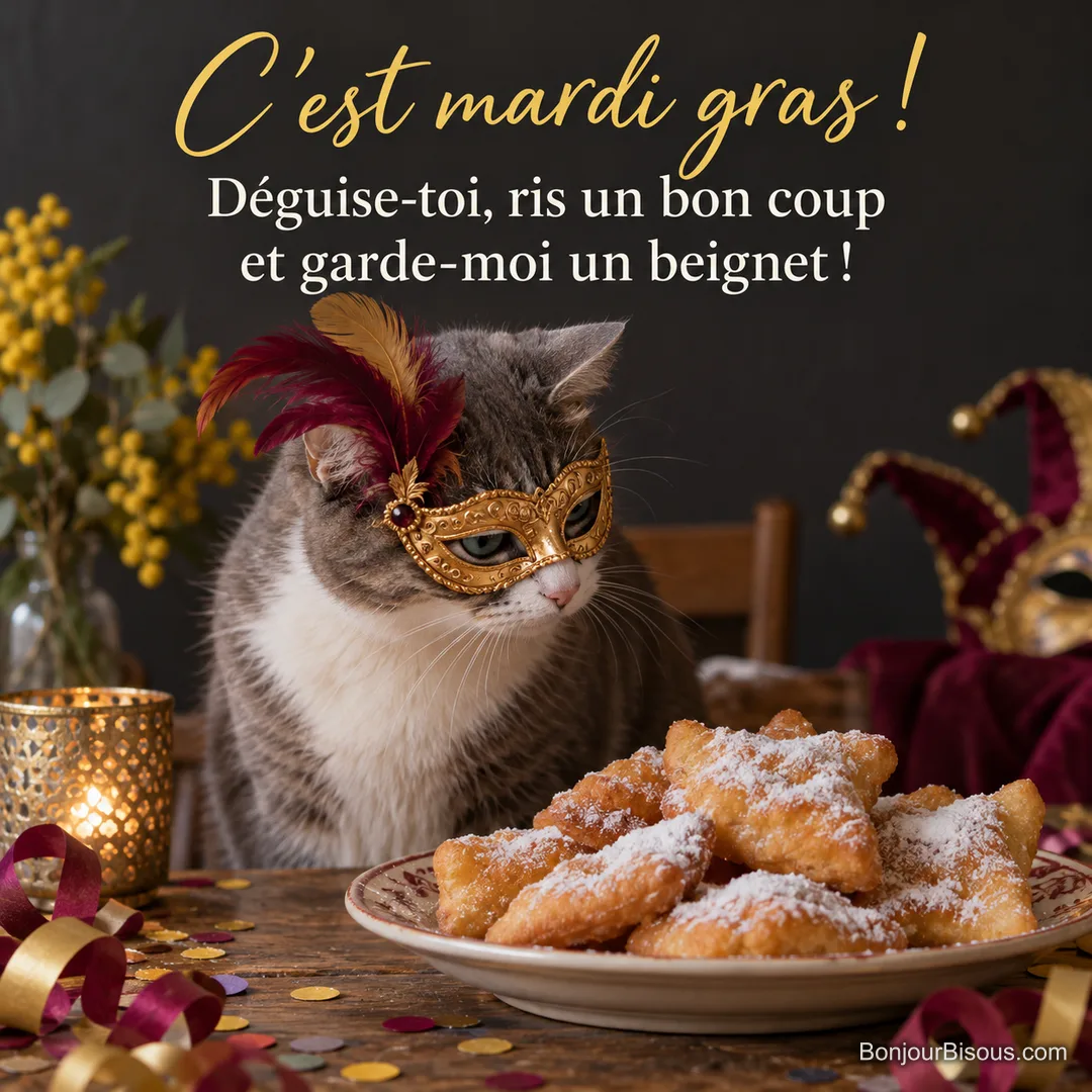 Photo d’un chat gris et blanc portant un loup doré à plumes devant une assiette de beignets au sucre glace, confettis et serpentins sur la table, avec le texte « C’est mardi gras ! Déguise-toi, ris un bon coup et garde-moi un beignet ! » Photo d’un chat gris et blanc portant un loup doré à plumes devant une assiette de beignets au sucre glace, confettis et serpentins sur la table, avec le texte « C’est mardi gras ! Déguise-toi, ris un bon coup et garde-moi un beignet ! »