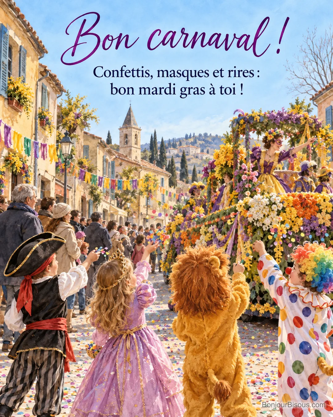 Peinture d’enfants déguisés vus de dos qui lancent des confettis devant un char fleuri dans une rue de village décorée de fanions, avec le texte « Bon carnaval ! Confettis, masques et rires : bon mardi gras à toi ! » Peinture d’enfants déguisés vus de dos qui lancent des confettis devant un char fleuri dans une rue de village décorée de fanions, avec le texte « Bon carnaval ! Confettis, masques et rires : bon mardi gras à toi ! »