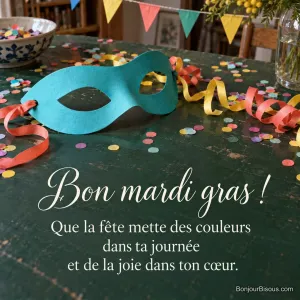 Un masque turquoise à rubans corail repose sur une table verte parsemée de confettis de carnaval, avec le texte « Bon mardi gras ! Que la fête mette des couleurs dans ta journée et de la joie dans ton cœur. ».