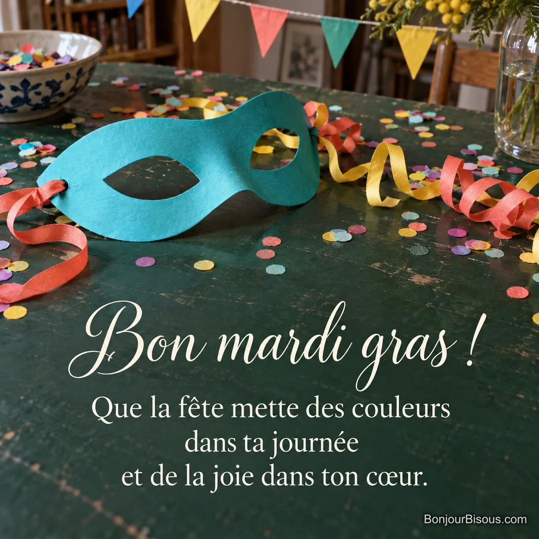Un masque turquoise à rubans corail repose sur une table verte parsemée de confettis de carnaval, avec le texte « Bon mardi gras ! Que la fête mette des couleurs dans ta journée et de la joie dans ton cœur. ». Un masque turquoise à rubans corail repose sur une table verte parsemée de confettis de carnaval, avec le texte « Bon mardi gras ! Que la fête mette des couleurs dans ta journée et de la joie dans ton cœur. ».