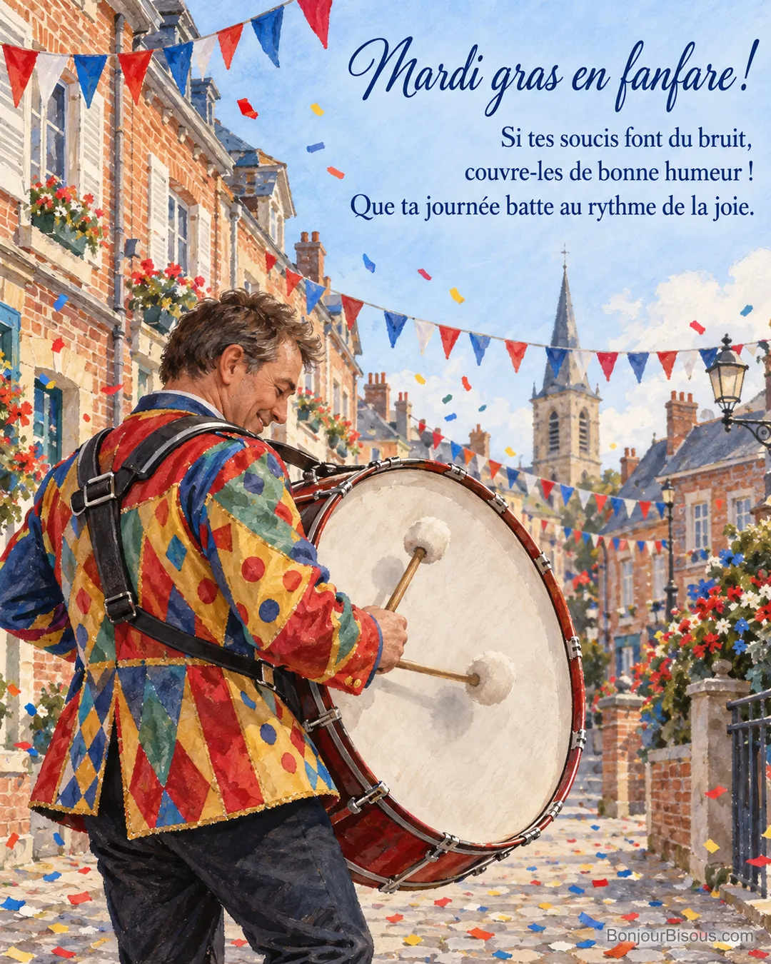 Un musicien en veste multicolore joue de la grosse caisse dans une rue du Nord décorée pour mardi gras, avec le texte « Mardi gras en fanfare ! Si tes soucis font du bruit, couvre-les de bonne humeur ! Que ta journée batte au rythme de la joie. ». Un musicien en veste multicolore joue de la grosse caisse dans une rue du Nord décorée pour mardi gras, avec le texte « Mardi gras en fanfare ! Si tes soucis font du bruit, couvre-les de bonne humeur ! Que ta journée batte au rythme de la joie. ».