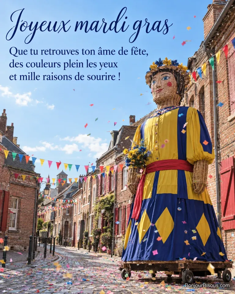 Un géant de carnaval en osier vêtu de jaune et de bleu domine une rue de briques décorée de fanions, avec le texte « Joyeux mardi gras Que tu retrouves ton âme de fête, des couleurs plein les yeux et mille raisons de sourire ! ».