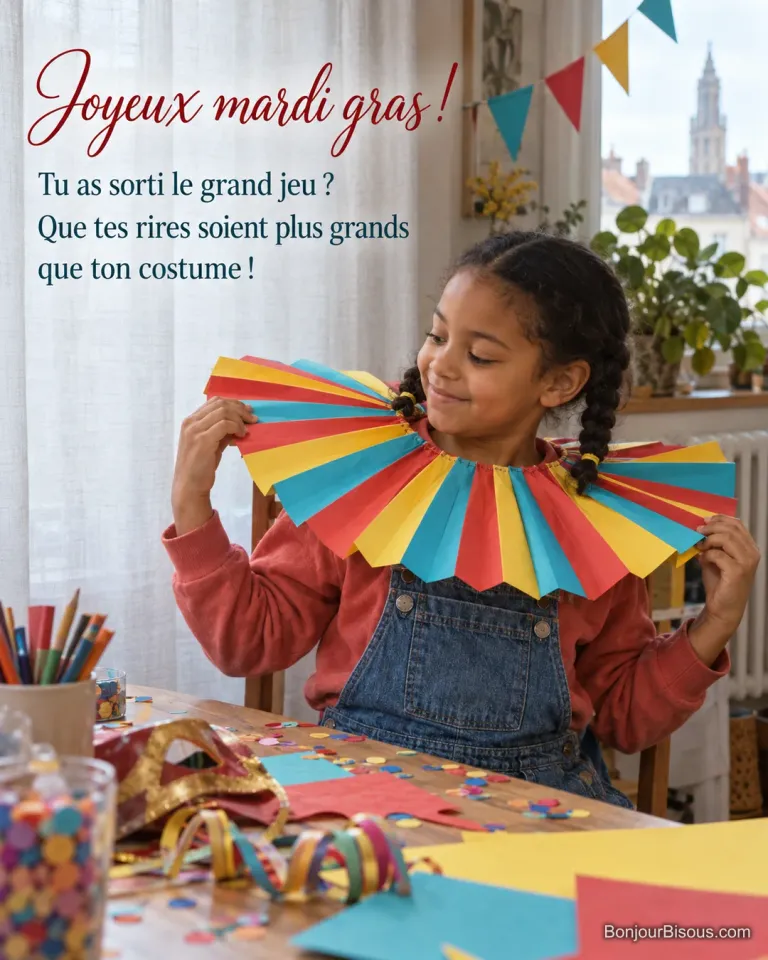 Une fillette découvre sa grande collerette de papier multicolore pendant les préparatifs du carnaval, avec le texte « Joyeux mardi gras ! Tu as sorti le grand jeu ? Que tes rires soient plus grands que ton costume ! ».