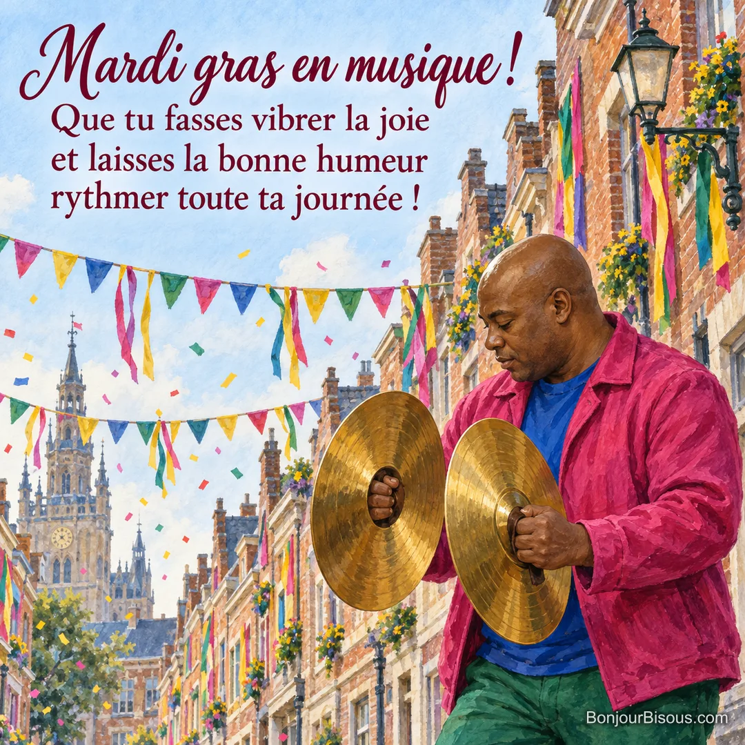 Un musicien joue des cymbales dans une rue de Dunkerque décorée pour le carnaval, avec le texte « Mardi gras en musique ! Que tu fasses vibrer la joie et laisses la bonne humeur rythmer toute ta journée ! ». Un musicien joue des cymbales dans une rue de Dunkerque décorée pour le carnaval, avec le texte « Mardi gras en musique ! Que tu fasses vibrer la joie et laisses la bonne humeur rythmer toute ta journée ! ».