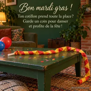 Une trompette de fête en papier s’est déroulée de façon démesurée sur une table de carnaval, avec le texte « Bon mardi gras ! Ton cotillon prend toute la place ? Garde un coin pour danser et profite de la fête ! ».