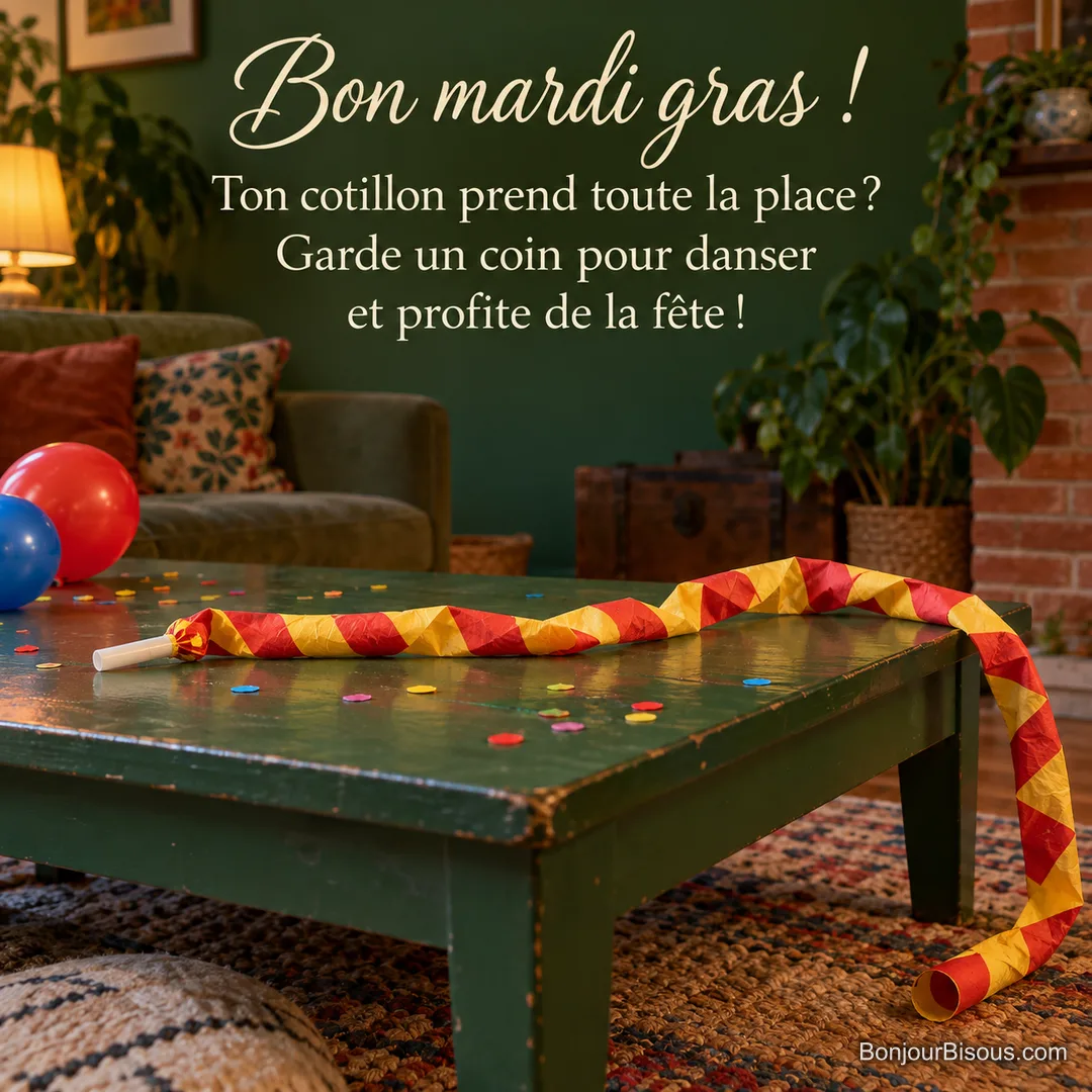 Une trompette de fête en papier s’est déroulée de façon démesurée sur une table de carnaval, avec le texte « Bon mardi gras ! Ton cotillon prend toute la place ? Garde un coin pour danser et profite de la fête ! ». Une trompette de fête en papier s’est déroulée de façon démesurée sur une table de carnaval, avec le texte « Bon mardi gras ! Ton cotillon prend toute la place ? Garde un coin pour danser et profite de la fête ! ».