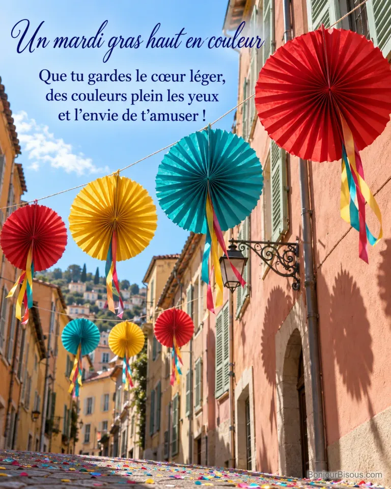 De grandes rosaces de papier coloré se balancent au-dessus d’une ruelle niçoise pour le carnaval, avec le texte « Un mardi gras haut en couleur Que tu gardes le cœur léger, des couleurs plein les yeux et l’envie de t’amuser ! ».