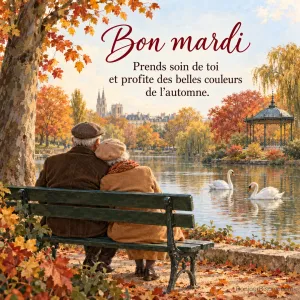Peinture d’un couple âgé assis de dos sur un banc vert au bord d’un étang avec deux cygnes, arbres roux et kiosque à musique dans un parc en automne, avec le texte « Bon mardi – Prends soin de toi et profite des belles couleurs de l’automne. »