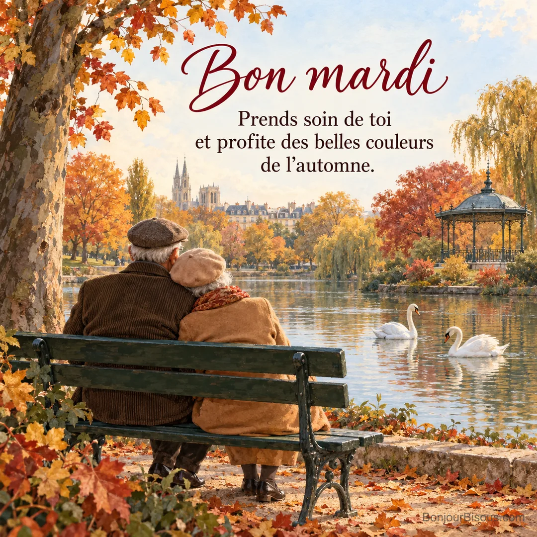 Peinture d’un couple âgé assis de dos sur un banc vert au bord d’un étang avec deux cygnes, arbres roux et kiosque à musique dans un parc en automne, avec le texte « Bon mardi – Prends soin de toi et profite des belles couleurs de l’automne. »