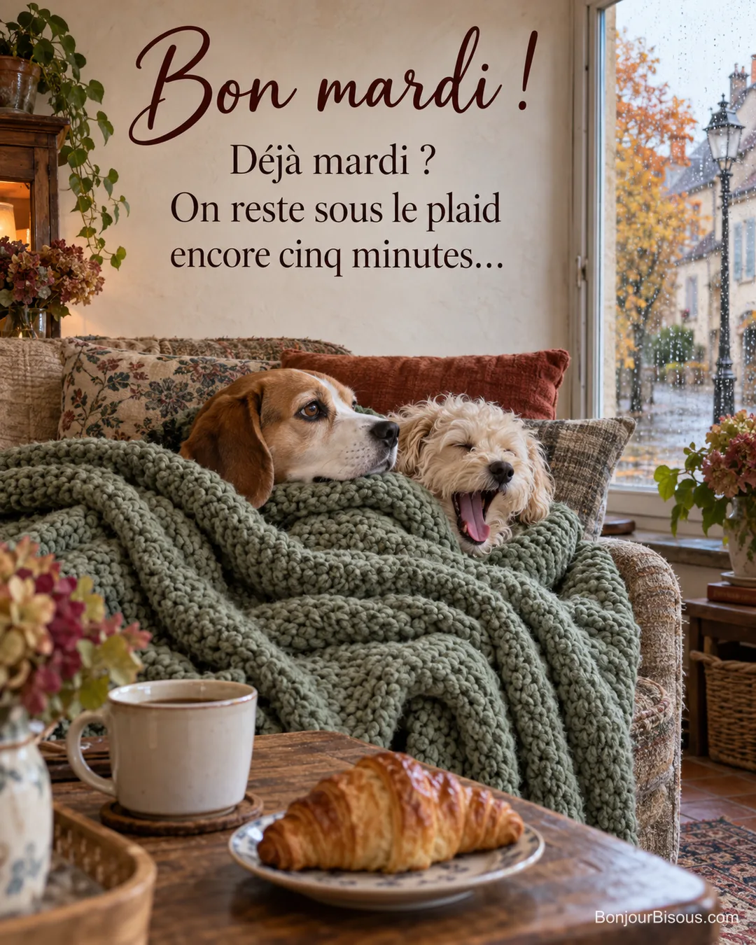 Photo d’un beagle et d’un petit chien frisé crème blottis sous un plaid en laine vert sur un canapé, café et croissant sur la table basse et pluie d’automne à la fenêtre, avec le texte « Bon mardi ! Déjà mardi ? On reste sous le plaid encore cinq minutes… » Photo d’un beagle et d’un petit chien frisé crème blottis sous un plaid en laine vert sur un canapé, café et croissant sur la table basse et pluie d’automne à la fenêtre, avec le texte « Bon mardi ! Déjà mardi ? On reste sous le plaid encore cinq minutes… »
