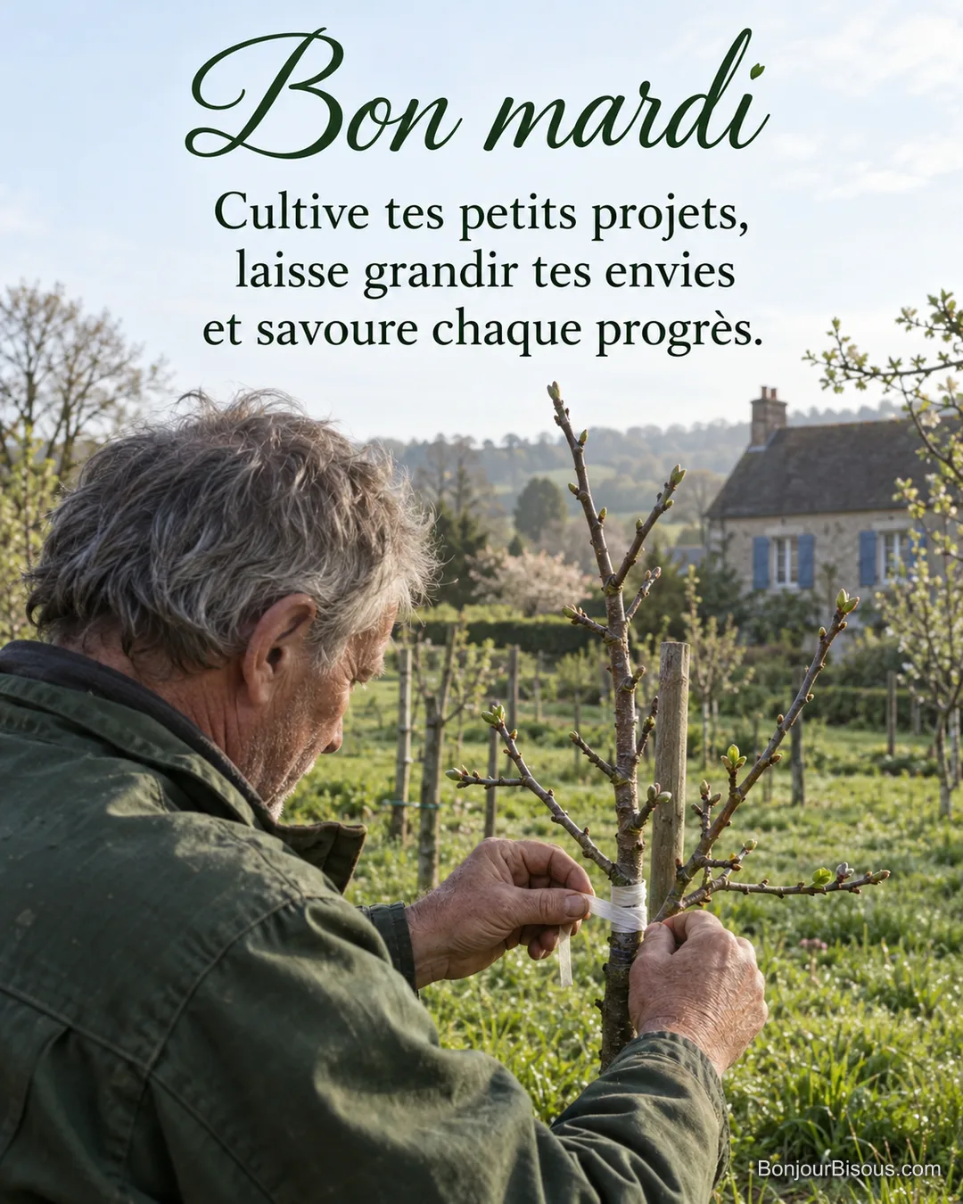 Un jardinier fixe une greffe sur un jeune pommier dans un verger normand, avec le texte « Bon mardi Cultive tes petits projets, laisse grandir tes envies et savoure chaque progrès. ». Un jardinier fixe une greffe sur un jeune pommier dans un verger normand, avec le texte « Bon mardi Cultive tes petits projets, laisse grandir tes envies et savoure chaque progrès. ».