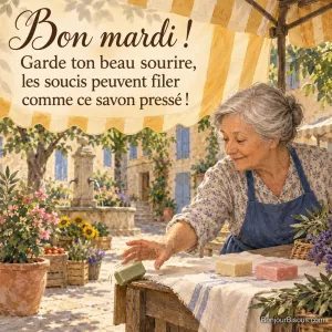 Une marchande âgée rattrape un savon sur son étal de marché provençal, avec le texte « Bon mardi ! Garde ton beau sourire, les soucis peuvent filer comme ce savon pressé ! ».