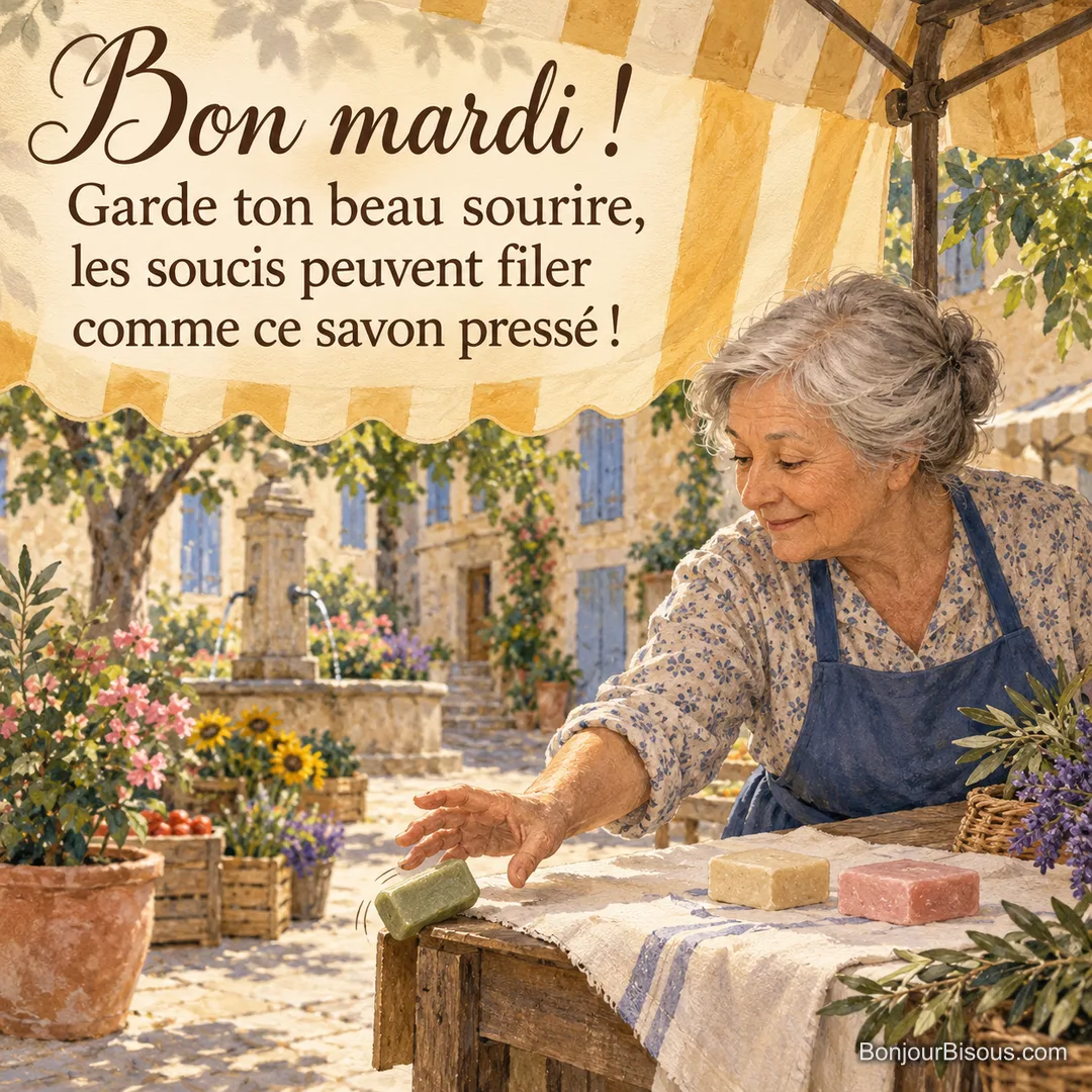 Une marchande âgée rattrape un savon sur son étal de marché provençal, avec le texte « Bon mardi ! Garde ton beau sourire, les soucis peuvent filer comme ce savon pressé ! ». Une marchande âgée rattrape un savon sur son étal de marché provençal, avec le texte « Bon mardi ! Garde ton beau sourire, les soucis peuvent filer comme ce savon pressé ! ».