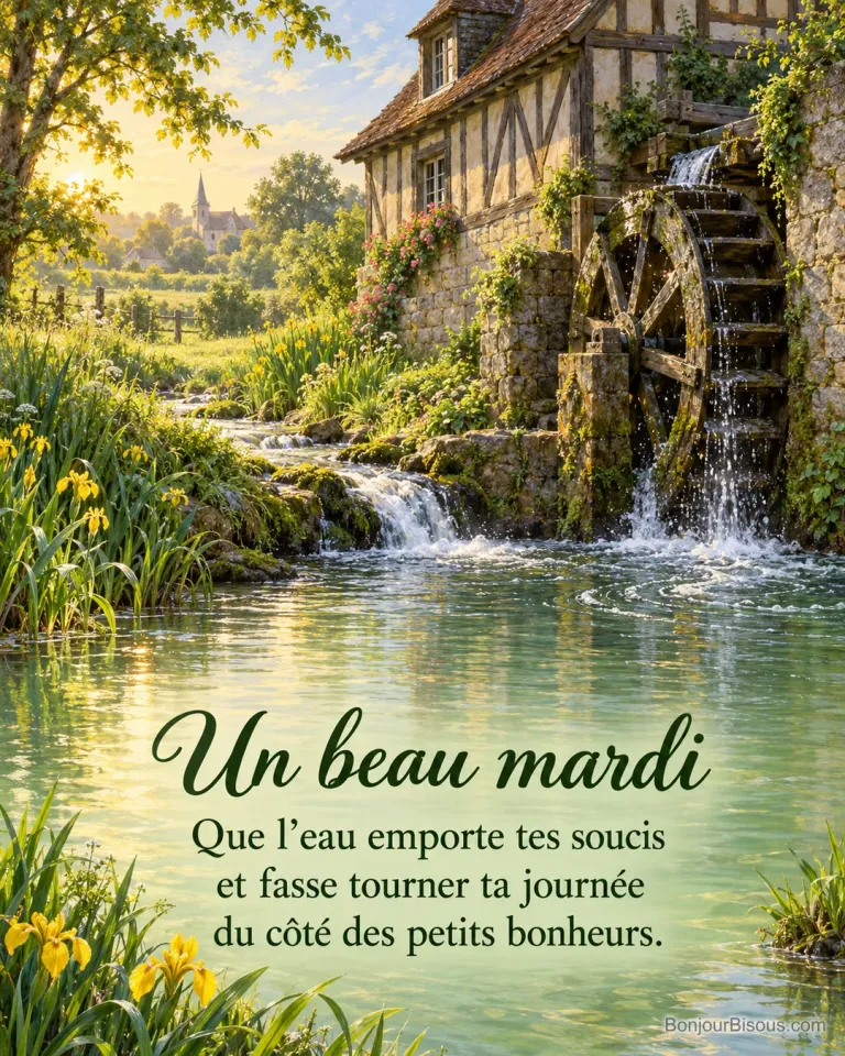 La roue d’un moulin à eau normand tourne au bord d’un ruisseau fleuri, avec le texte « Un beau mardi Que l’eau emporte tes soucis et fasse tourner ta journée du côté des petits bonheurs. ».