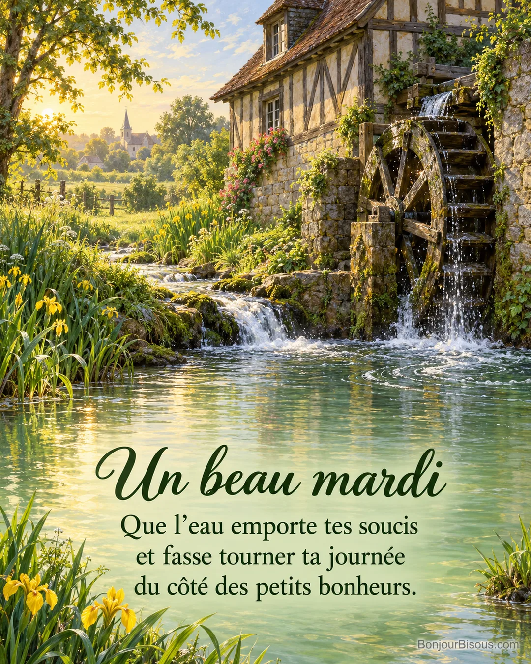 La roue d’un moulin à eau normand tourne au bord d’un ruisseau fleuri, avec le texte « Un beau mardi Que l’eau emporte tes soucis et fasse tourner ta journée du côté des petits bonheurs. ». La roue d’un moulin à eau normand tourne au bord d’un ruisseau fleuri, avec le texte « Un beau mardi Que l’eau emporte tes soucis et fasse tourner ta journée du côté des petits bonheurs. ».