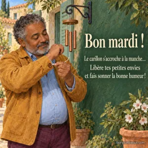 Un homme défait la ficelle d’un carillon à trois tubes prise dans le bouton de sa manche dans une cour provençale, avec le texte « Bon mardi ! Le carillon s’accroche à la manche… Libère tes petites envies et fais sonner la bonne humeur ! ».
