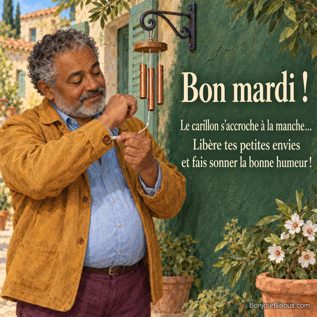 Un homme défait la ficelle d’un carillon à trois tubes prise dans le bouton de sa manche dans une cour provençale, avec le texte « Bon mardi ! Le carillon s’accroche à la manche… Libère tes petites envies et fais sonner la bonne humeur ! ». Un homme défait la ficelle d’un carillon à trois tubes prise dans le bouton de sa manche dans une cour provençale, avec le texte « Bon mardi ! Le carillon s’accroche à la manche… Libère tes petites envies et fais sonner la bonne humeur ! ».