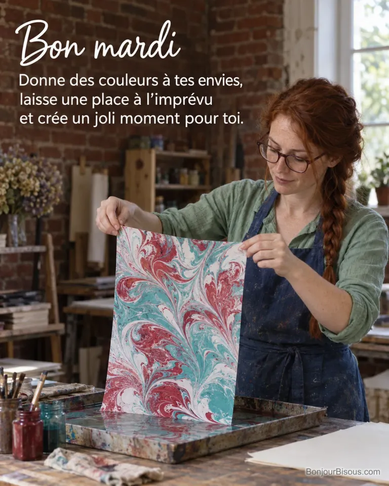 Une artisane picarde relève une feuille marbrée rouge et turquoise d’un bac dans son atelier, avec le texte « Bon mardi Donne des couleurs à tes envies, laisse une place à l’imprévu et crée un joli moment pour toi. ».