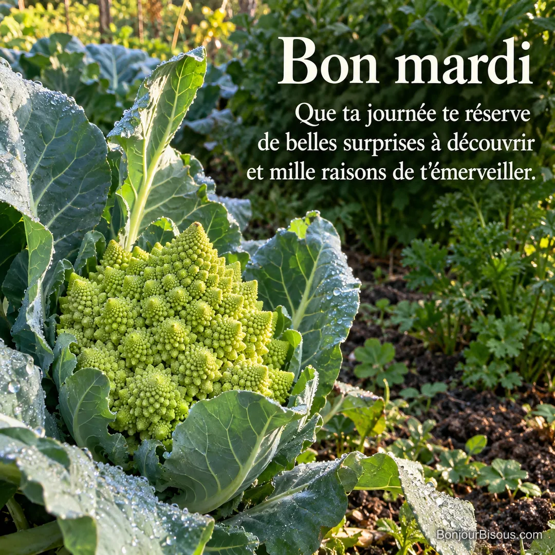 Un chou romanesco vert pomme porte des gouttes de rosée dans un potager du Val de Loire, avec le texte « Bon mardi Que ta journée te réserve de belles surprises à découvrir et mille raisons de t’émerveiller. ». Un chou romanesco vert pomme porte des gouttes de rosée dans un potager du Val de Loire, avec le texte « Bon mardi Que ta journée te réserve de belles surprises à découvrir et mille raisons de t’émerveiller. ».
