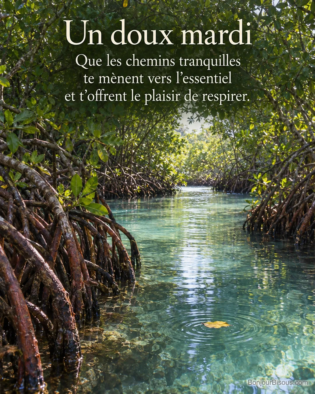 Les racines des palétuviers bordent un couloir d’eau turquoise dans une mangrove guadeloupéenne au matin, avec le texte « Un doux mardi Que les chemins tranquilles te mènent vers l’essentiel et t’offrent le plaisir de respirer. ». Les racines des palétuviers bordent un couloir d’eau turquoise dans une mangrove guadeloupéenne au matin, avec le texte « Un doux mardi Que les chemins tranquilles te mènent vers l’essentiel et t’offrent le plaisir de respirer. ».