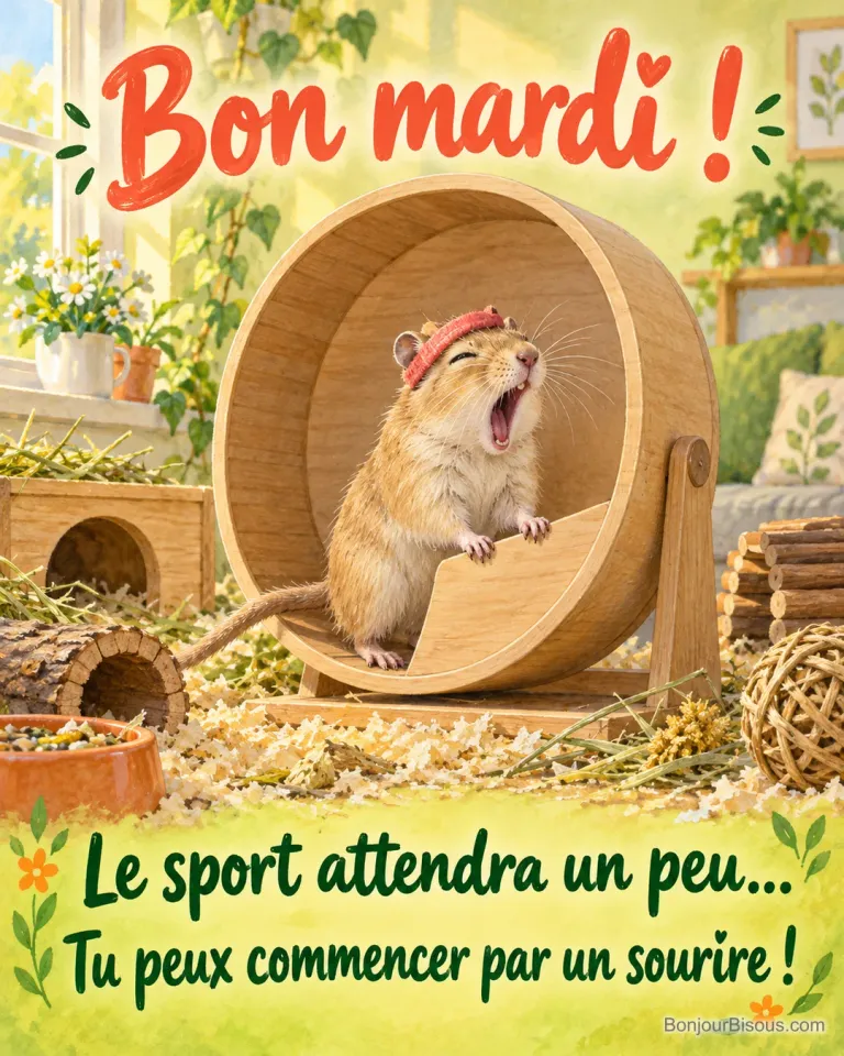 Une gerbille au bandeau de travers bâille devant sa roue d’exercice immobile, avec le message « Bon mardi ! Le sport attendra un peu… Tu peux commencer par un sourire ! ».
