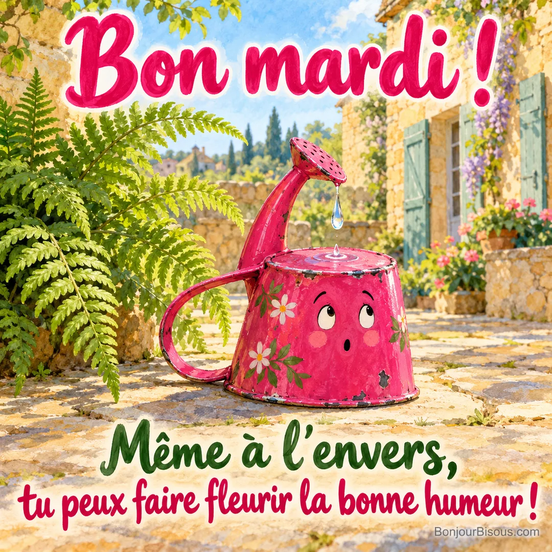 Un arrosoir rose retourné reçoit sur son ventre une goutte tombée de son propre bec, avec le message « Bon mardi ! Même à l’envers, tu peux faire fleurir la bonne humeur ! ». Un arrosoir rose retourné reçoit sur son ventre une goutte tombée de son propre bec, avec le message « Bon mardi ! Même à l’envers, tu peux faire fleurir la bonne humeur ! ».