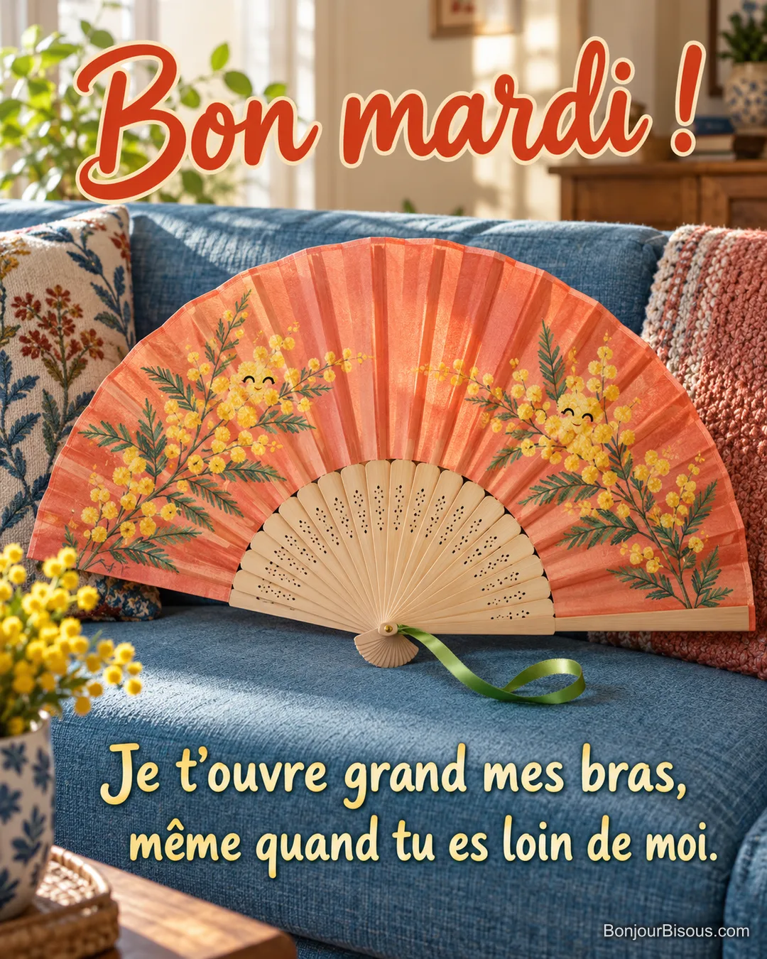 Un éventail corail ouvert sur un canapé bleu évoque une étreinte chaleureuse, avec le message « Bon mardi ! Je t’ouvre grand mes bras, même quand tu es loin de moi. ». Un éventail corail ouvert sur un canapé bleu évoque une étreinte chaleureuse, avec le message « Bon mardi ! Je t’ouvre grand mes bras, même quand tu es loin de moi. ».