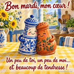 Une salière bleue et une poivrière orange se serrent tendrement sur une nappe jaune, avec le message « Bon mardi, mon cœur ! Un peu de toi, un peu de moi… et beaucoup de tendresse ! ».