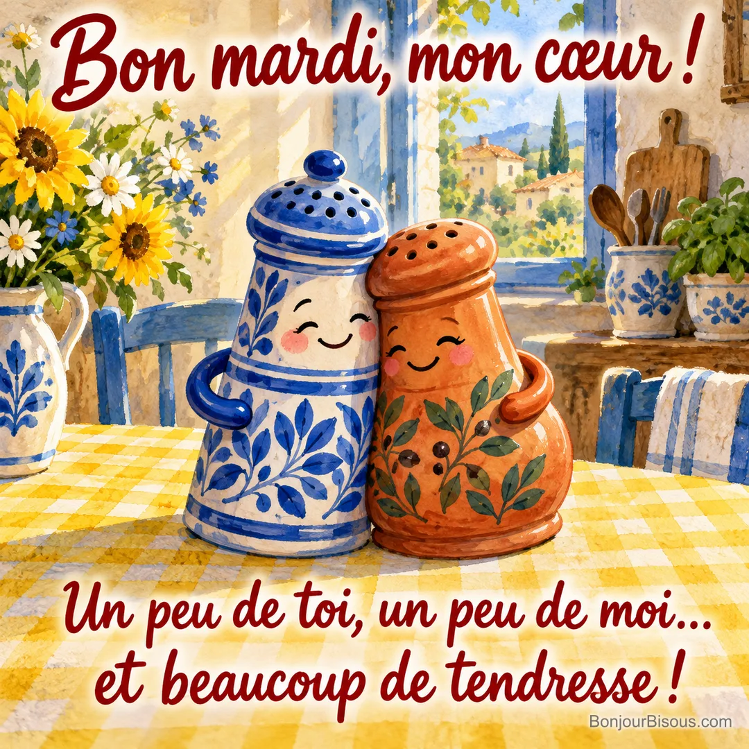 Une salière bleue et une poivrière orange se serrent tendrement sur une nappe jaune, avec le message « Bon mardi, mon cœur ! Un peu de toi, un peu de moi… et beaucoup de tendresse ! ». Une salière bleue et une poivrière orange se serrent tendrement sur une nappe jaune, avec le message « Bon mardi, mon cœur ! Un peu de toi, un peu de moi… et beaucoup de tendresse ! ».
