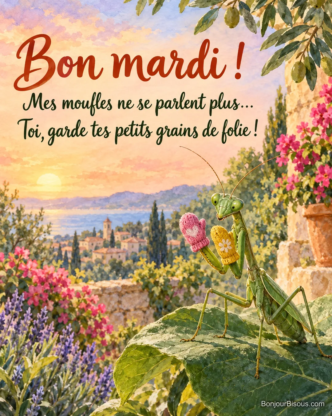 Une mante religieuse observe ses deux pattes avant coiffées de moufles dépareillées rose et jaune. Le message est : « Bon mardi ! Mes moufles ne se parlent plus… Toi, garde tes petits grains de folie ! ».