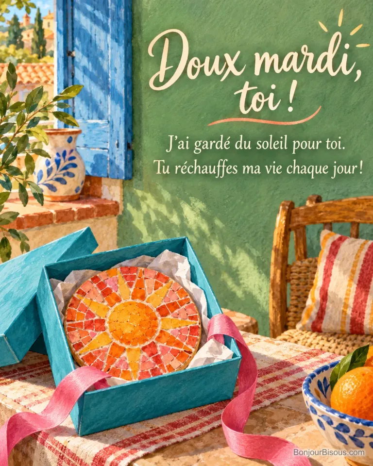 Une petite mosaïque artisanale en forme de soleil est présentée dans une boîte turquoise comme un cadeau affectueux. Le message est : « Doux mardi, toi ! J’ai gardé du soleil pour toi. Tu réchauffes ma vie chaque jour ! ».