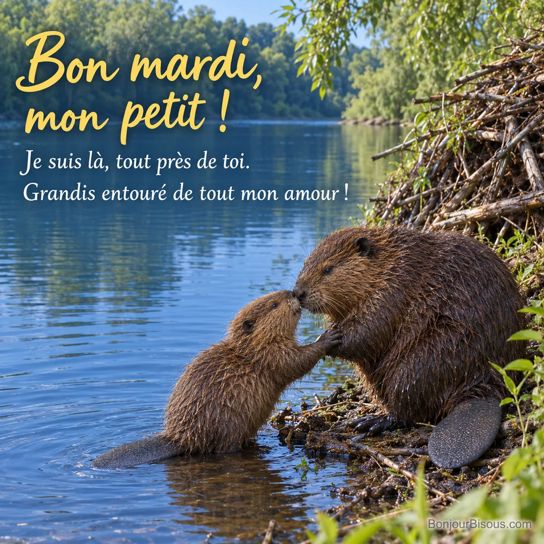 Un castor d’Europe adulte et son petit se touchent doucement le museau devant leur hutte. Le message est : « Bon mardi, mon petit ! Je suis là, tout près de toi. Grandis entouré de tout mon amour ! ». Un castor d’Europe adulte et son petit se touchent doucement le museau devant leur hutte. Le message est : « Bon mardi, mon petit ! Je suis là, tout près de toi. Grandis entouré de tout mon amour ! ».