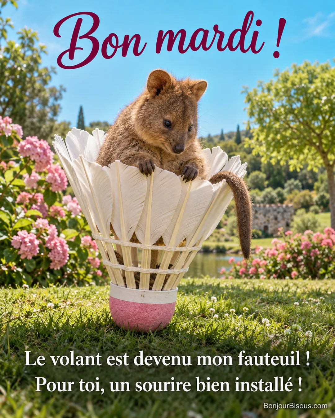 Un quokka s’est installé dans un énorme volant de badminton comme dans un fauteuil. Le message est : « Bon mardi ! Le volant est devenu mon fauteuil ! Pour toi, un sourire bien installé ! ».