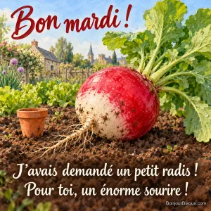 Un radis géant fraîchement arraché dépasse largement le minuscule pot de semis posé à côté. Le message est : « Bon mardi ! J’avais demandé un petit radis ! Pour toi, un énorme sourire ! ».