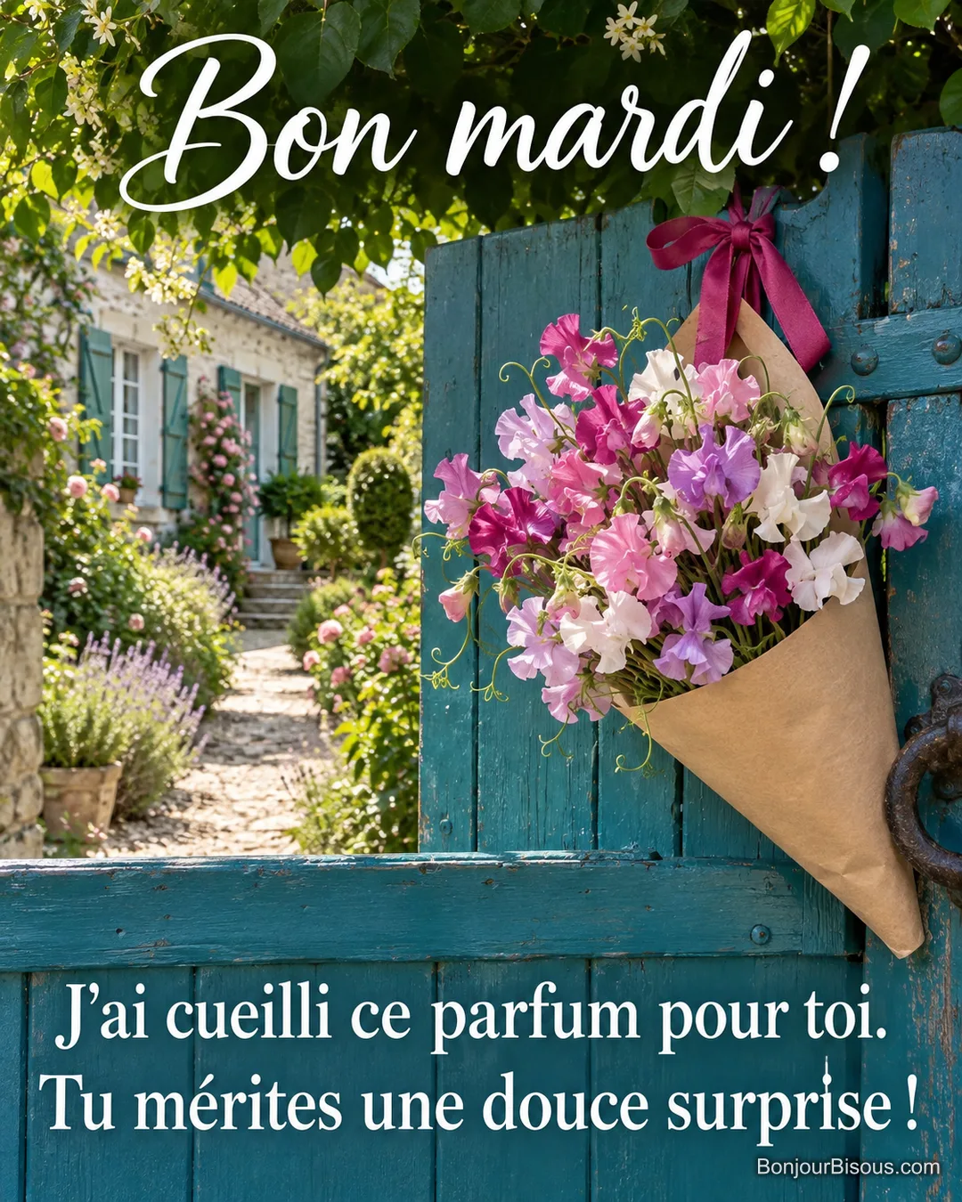 Un cornet de pois de senteur parfumés attend une personne chère au portillon du jardin. Le message est : « Bon mardi ! J’ai cueilli ce parfum pour toi. Tu mérites une douce surprise ! ».