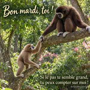Un gibbon adulte tend la main à un plus jeune pour l’aider à rejoindre une branche. Le message est : « Bon mardi, toi ! Si le pas te semble grand, tu peux compter sur moi ! ».