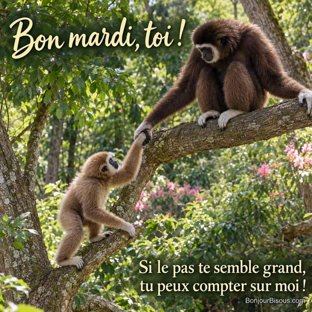 Un gibbon adulte tend la main à un plus jeune pour l’aider à rejoindre une branche. Le message est : « Bon mardi, toi ! Si le pas te semble grand, tu peux compter sur moi ! ».