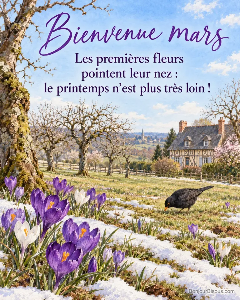 Peinture de crocus violets et blancs dans la neige fondante d’un verger normand, un merle dans l’herbe et une maison à colombages, avec le texte « Bienvenue mars – Les premières fleurs pointent leur nez : le printemps n’est plus très loin ! »
