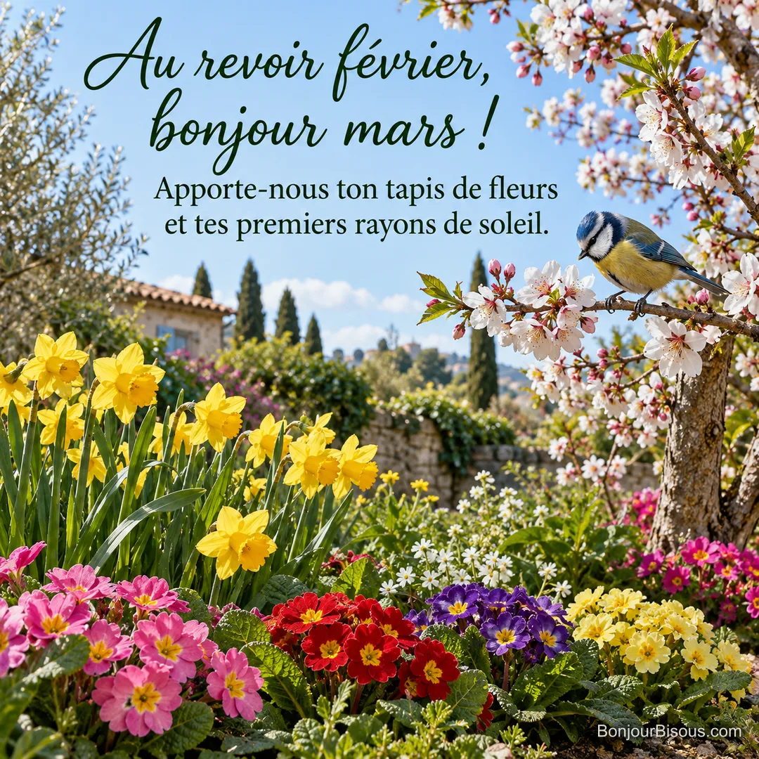 Photo d’une mésange bleue sur une branche d’amandier fleurie au-dessus de jonquilles et de primevères colorées, maison provençale et cyprès, avec le texte « Au revoir février, bonjour mars ! Apporte-nous ton tapis de fleurs et tes premiers rayons de soleil. » Photo d’une mésange bleue sur une branche d’amandier fleurie au-dessus de jonquilles et de primevères colorées, maison provençale et cyprès, avec le texte « Au revoir février, bonjour mars ! Apporte-nous ton tapis de fleurs et tes premiers rayons de soleil. »
